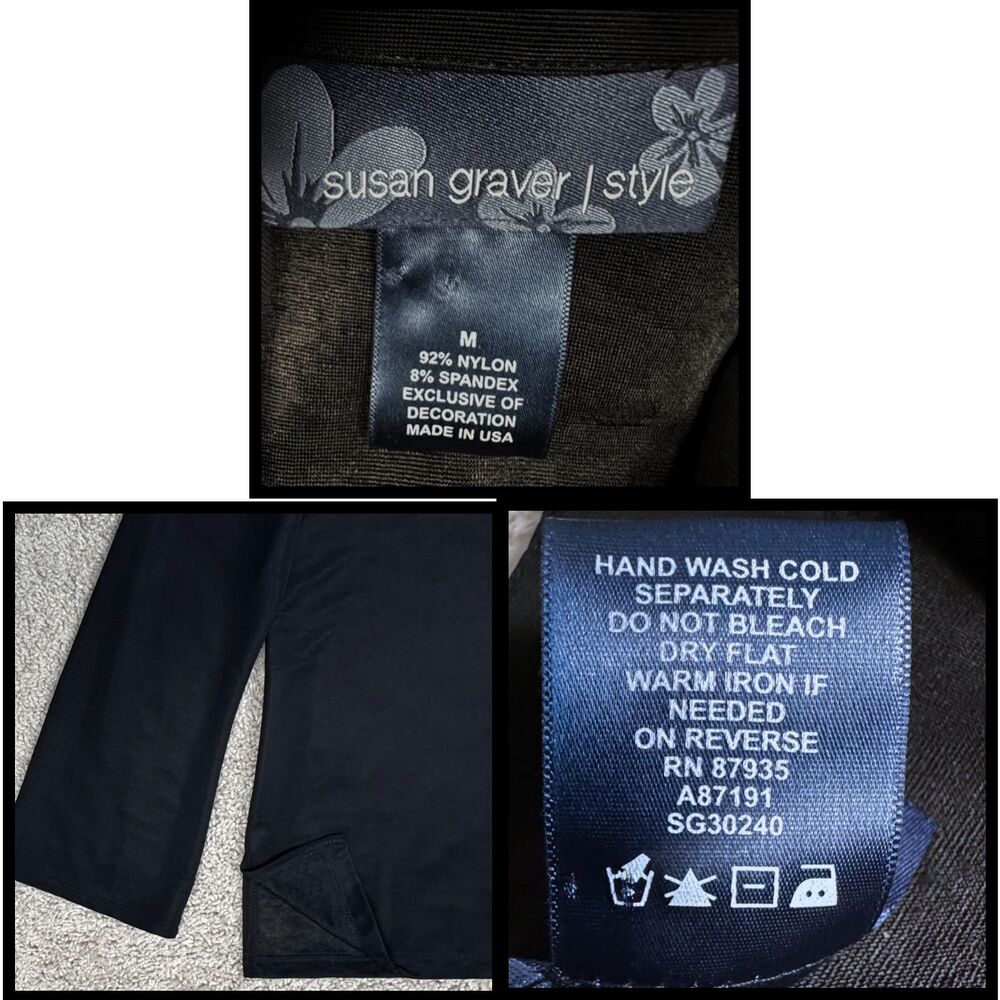 Susan Graver Blouse Womens Embellished Nylon Medium Black Boho Classic Goth USA - Picture 8 of 8